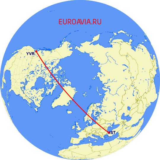 перелет Стамбул — Ванкувер на карте
