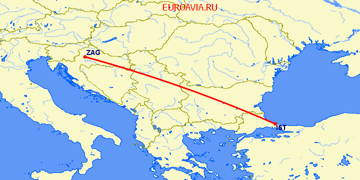 перелет Стамбул — Загреб на карте