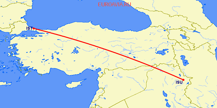 перелет Сулеймания — Стамбул на карте
