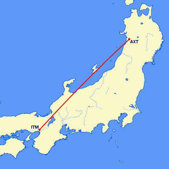 перелет Осака — Акита на карте