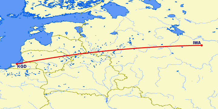 перелет Иваново — Калининград на карте