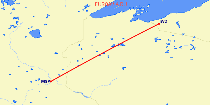 перелет Ironwood — Миннеаполис на карте
