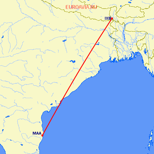 перелет Багдогра — Мадрас Ченнай на карте