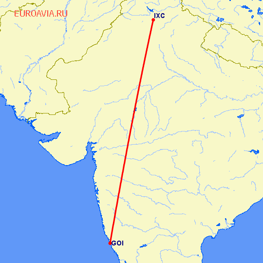 перелет Чандигарх — Гоа на карте