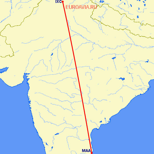 перелет Чандигарх — Мадрас Ченнай на карте
