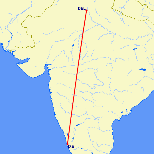 перелет Мангалор — Нью Дели на карте