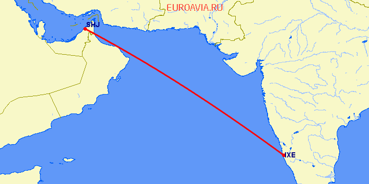 перелет Мангалор — Шарджа на карте