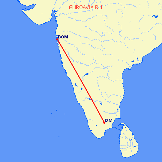 перелет Мадурай — Бомбей на карте