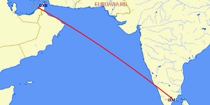 перелет Мадурай — Дубай на карте