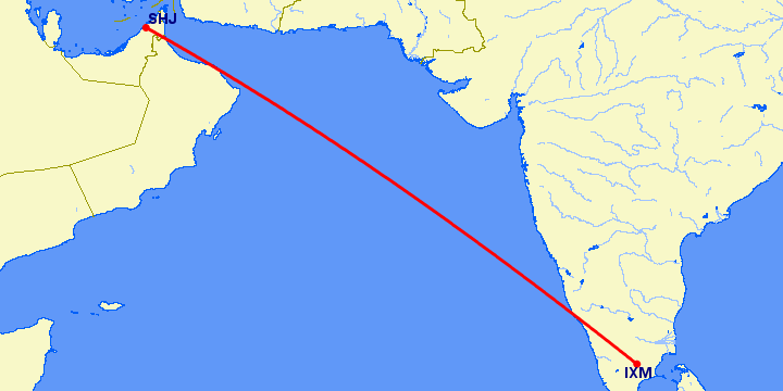перелет Мадурай — Шарджа на карте