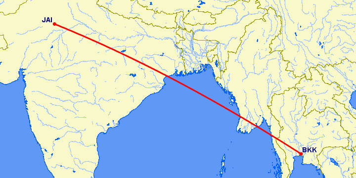 перелет Джайпур — Бангкок на карте