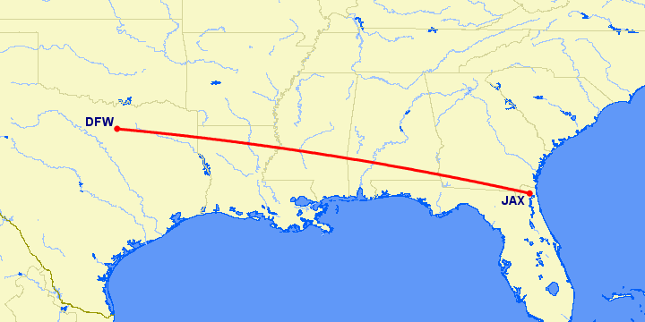 перелет Джексонвиль — Даллас на карте
