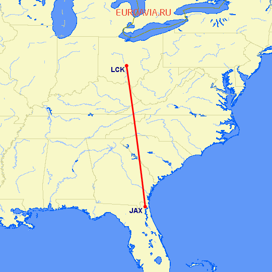 перелет Джексонвиль — Columbus на карте