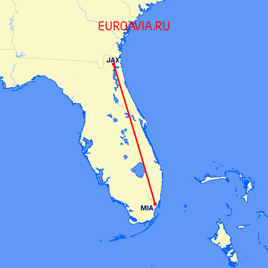 перелет Джексонвиль — Майами на карте