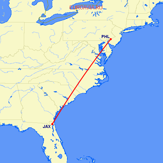 перелет Джексонвиль — Филадельфия на карте