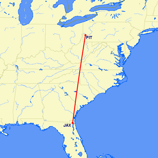 перелет Джексонвиль — Питтсбург на карте
