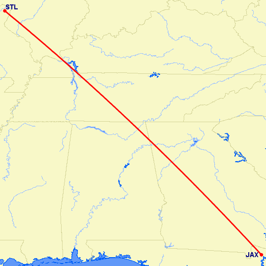 перелет Джексонвиль — Сент Луис на карте