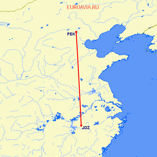 перелет Цзиньдэчжэнь — Пекин на карте