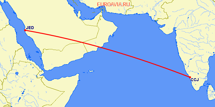 перелет Джедда — Kozhikode на карте