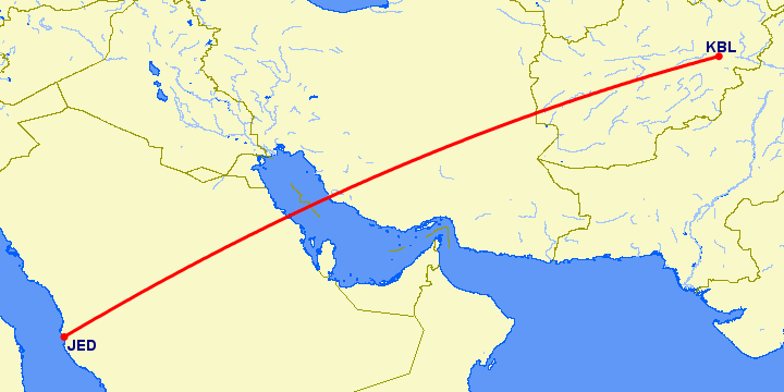 перелет Джедда — Кабул на карте