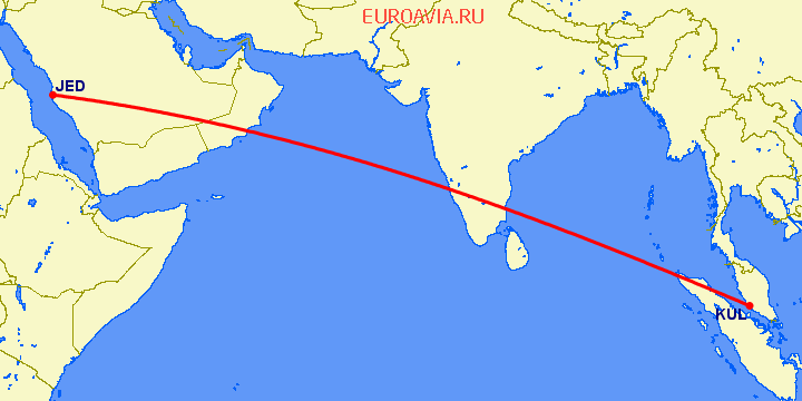перелет Джедда — Куала Лумпур на карте