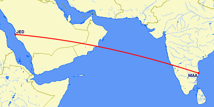 перелет Джедда — Мадрас Ченнай на карте