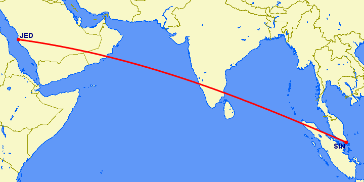 перелет Джедда — Сингапур на карте
