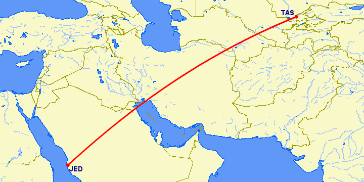 перелет Джедда — Ташкент на карте