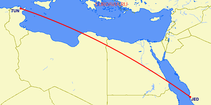 перелет Джедда — Тунис на карте
