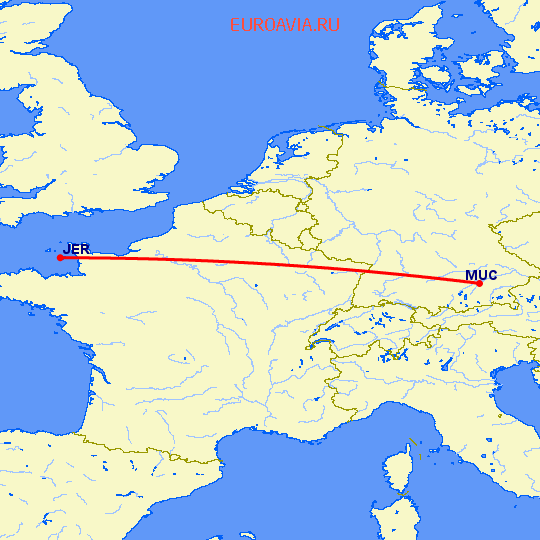перелет Джерси — Мюнхен на карте