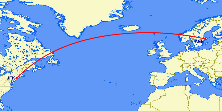 перелет Нью Йорк — Стокгольм на карте