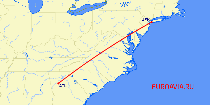 перелет Нью-Йорк — Атланта на карте
