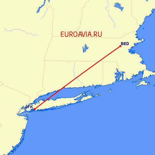 перелет Нью Йорк — Bedford-Hanscom на карте