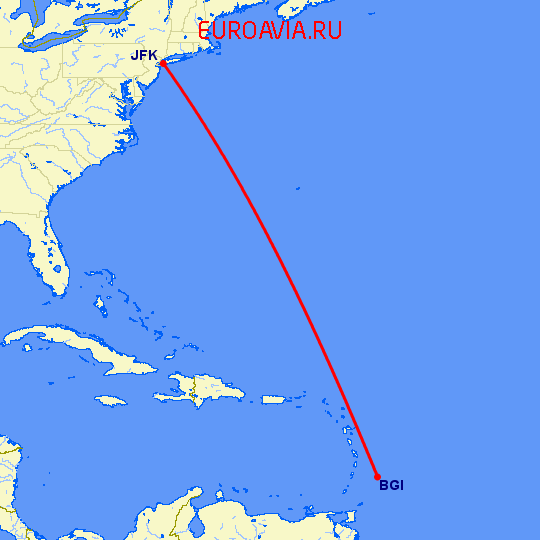 перелет Нью Йорк — Бриджтаун на карте