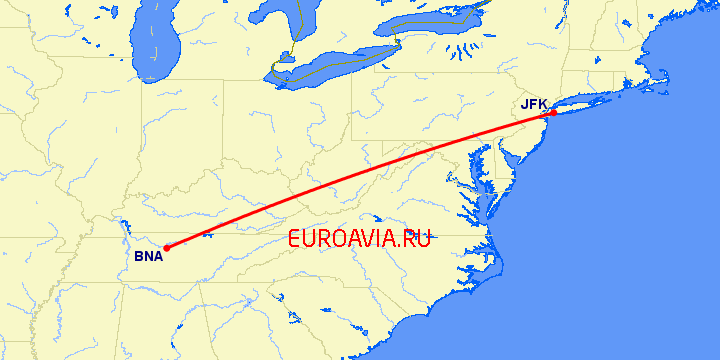 перелет Нью Йорк — Нашвилл на карте