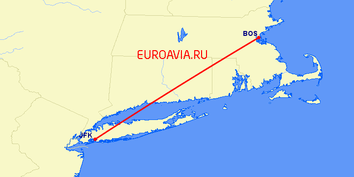 перелет Нью-Йорк — Бостон на карте