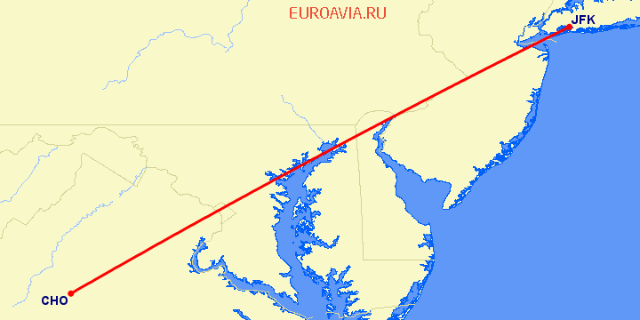 перелет Нью Йорк — Шарлоттсвилл на карте