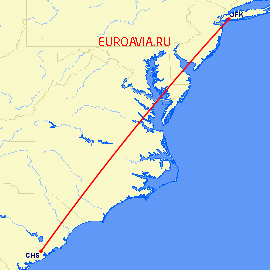 перелет Нью-Йорк — Чарльстон на карте