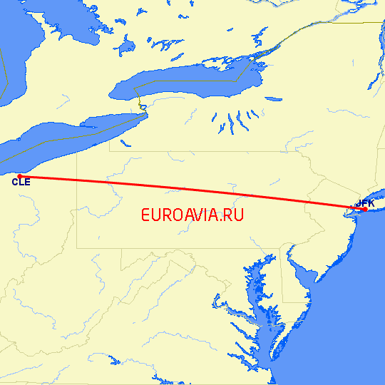 перелет Нью Йорк — Кливленд на карте