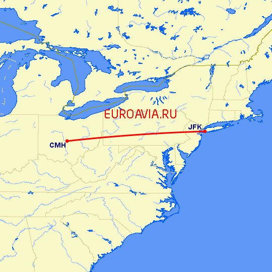 перелет Нью Йорк — Колумбус на карте