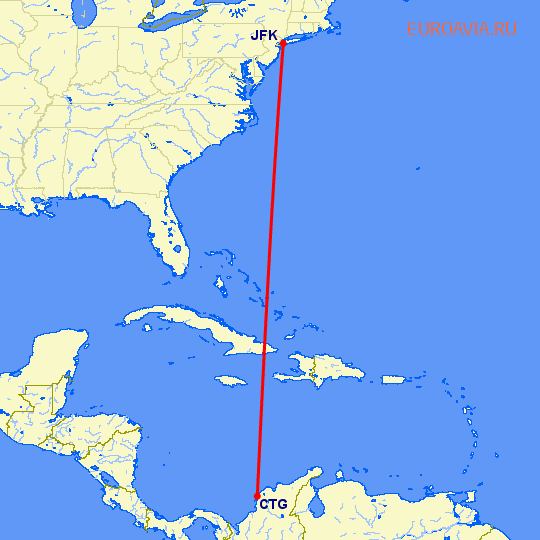перелет Нью Йорк — Картегена на карте
