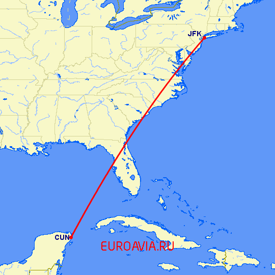 перелет Нью Йорк — Канкун на карте