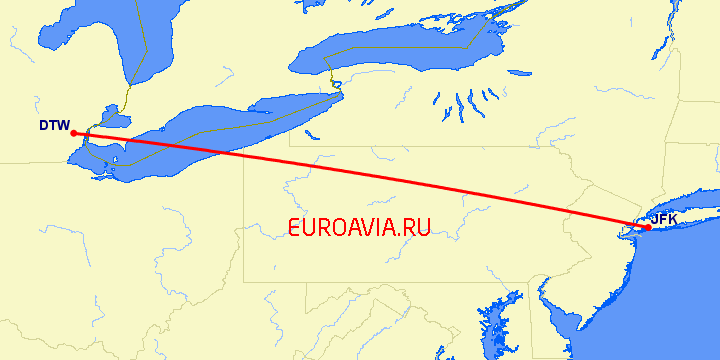 перелет Нью-Йорк — Детройт на карте
