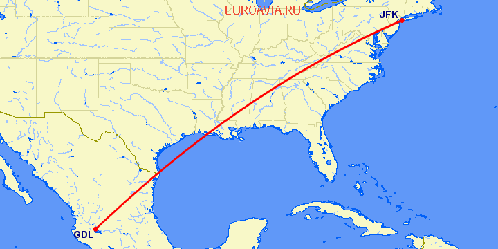 перелет Нью Йорк — Гуадалахара на карте