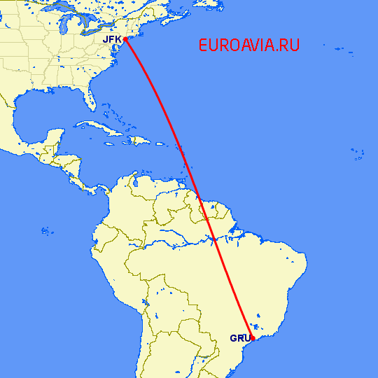 перелет Нью-Йорк — Сан Паулу на карте