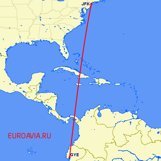 перелет Нью Йорк — Гуайяквил на карте