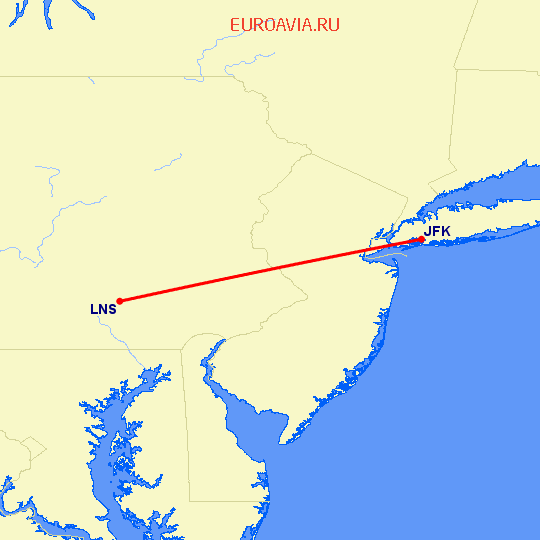 перелет Нью Йорк — Ланкастер на карте