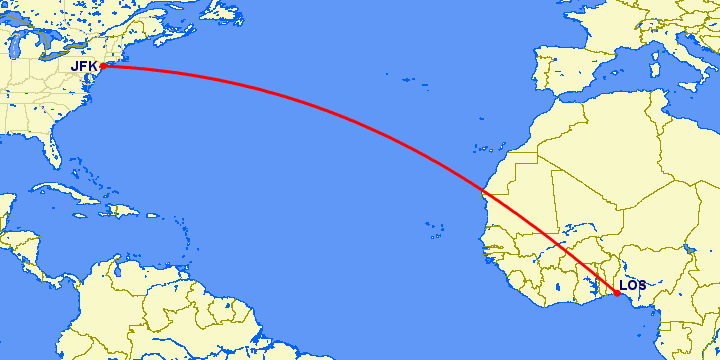 перелет Нью Йорк — Лагос на карте