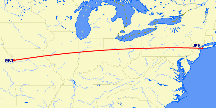 перелет Нью Йорк — Канзас Сити на карте