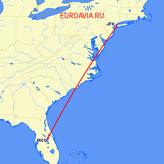 перелет Нью-Йорк — Орландо на карте